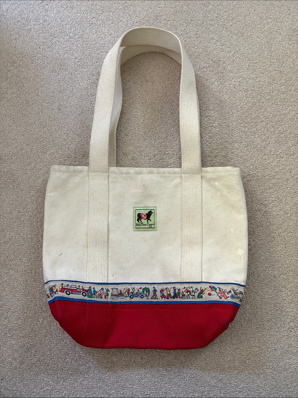 The Belted Cow bag. Cream and Red Canvas Tote Bag with parade Decorative Trim